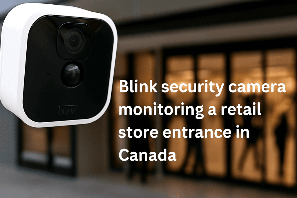 Blink security camera monitoring a retail store entrance in Canada