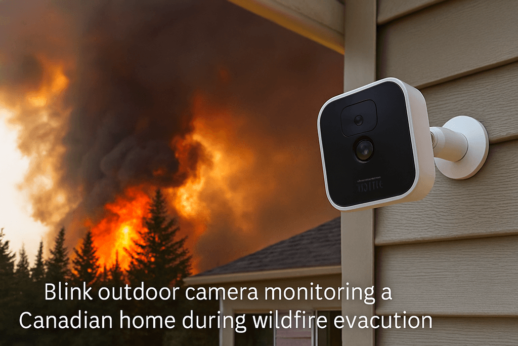 Blink outdoor camera monitoring a Canadian home during wildfire evacuation