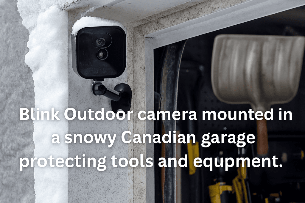  Blink Outdoor camera mounted in a snowy Canadian garage protecting tools and equipment