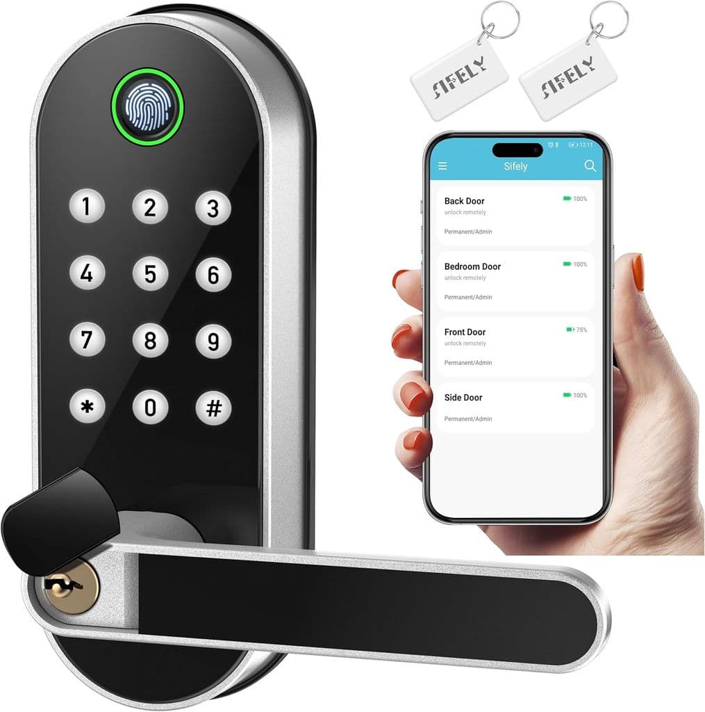 Sifely Keyless Entry Fingerprint Smart Lock with Handle & Keypad – Silver - Image 1