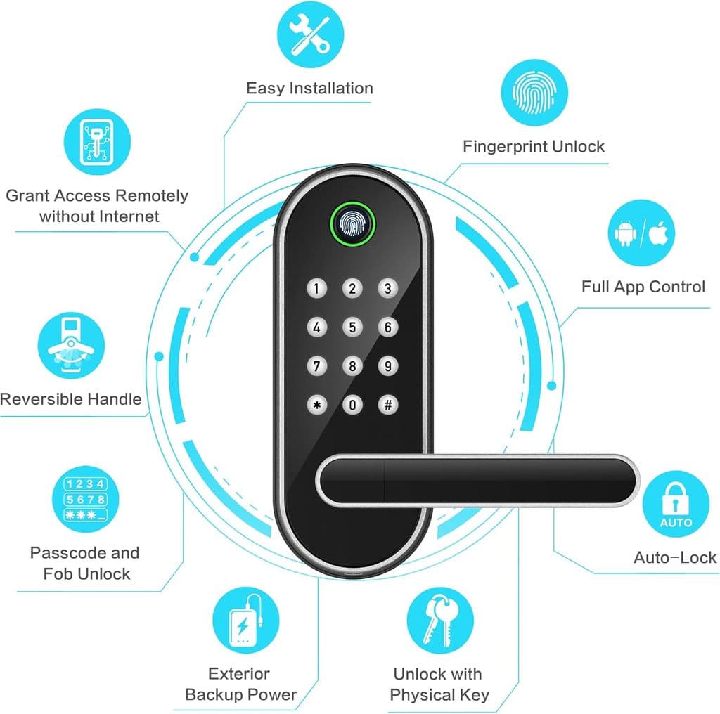 Sifely Keyless Entry Fingerprint Smart Lock with Handle & Keypad – Silver - Thumbnail 2