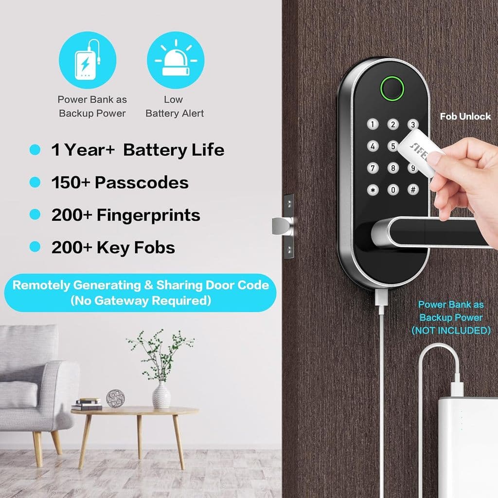 Sifely Keyless Entry Fingerprint Smart Lock with Handle & Keypad – Silver - Thumbnail 3