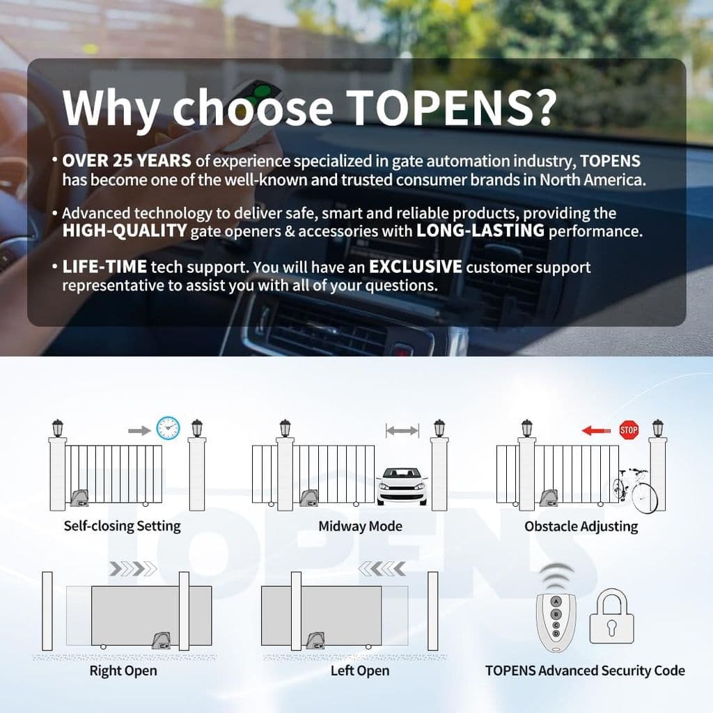 TOPENS RK1100T Automatic Sliding Gate Opener – 2800lbs, AC Powered with Nylon Gear Rack - Thumbnail 3