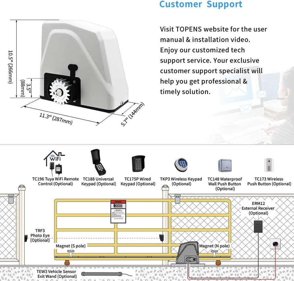 TOPENS RK1100T Automatic Sliding Gate Opener – 2800lbs, AC Powered with Nylon Gear Rack - Thumbnail 5