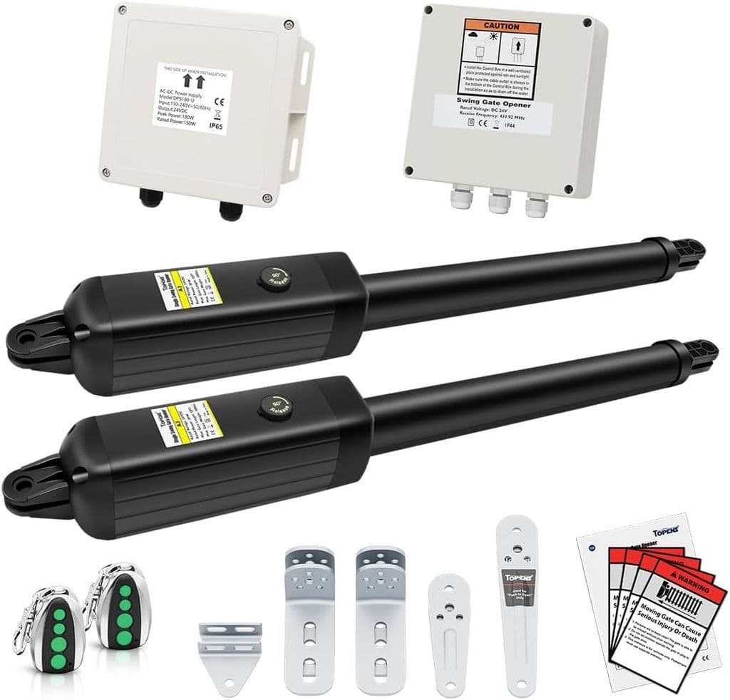 TOPENS PW302 Dual Swing Gate Opener – Light Duty, AC Powered with Remote Control Kit - Image 1