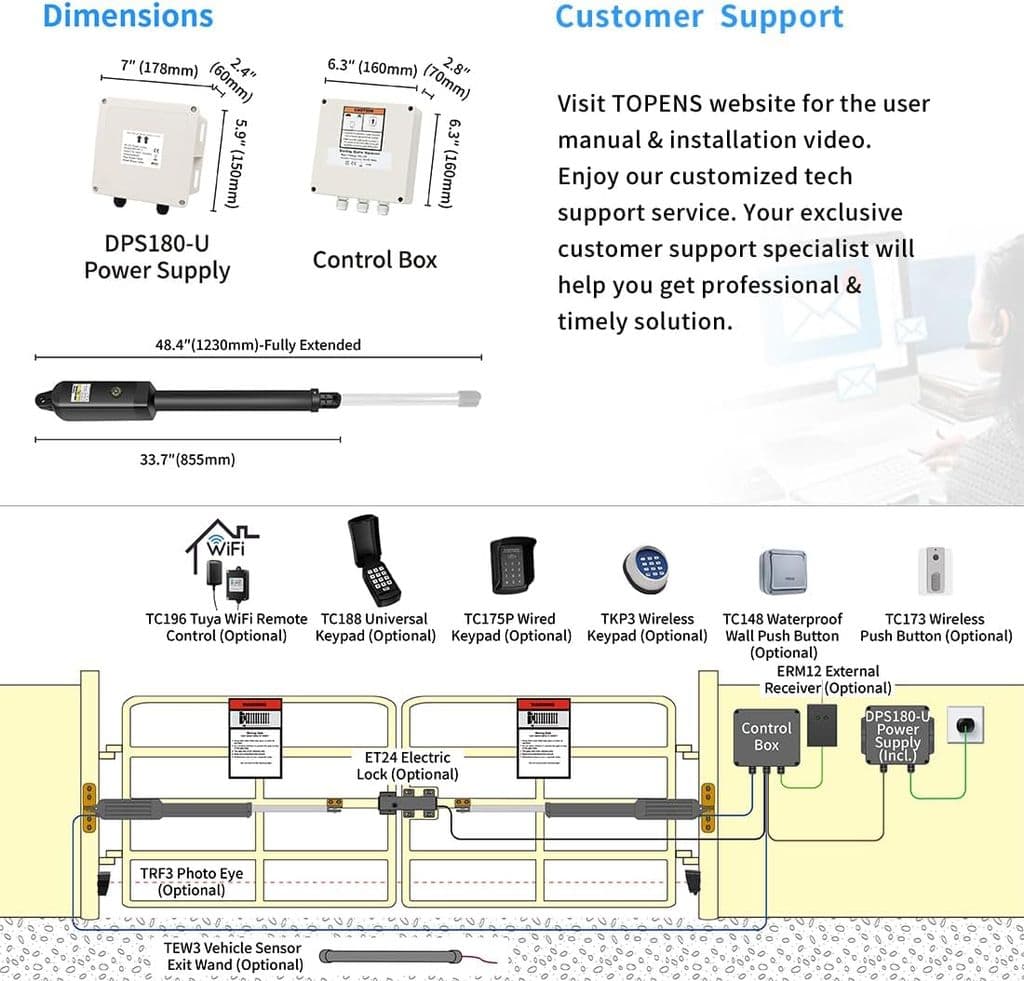 TOPENS PW302 Dual Swing Gate Opener – Light Duty, AC Powered with Remote Control Kit - Thumbnail 6