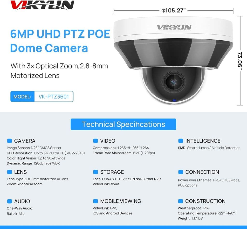 VIKYLIN 6MP PoE IP PTZ Dome Camera – 3X Optical Zoom, AI Detection, IR Night Vision - Thumbnail 2