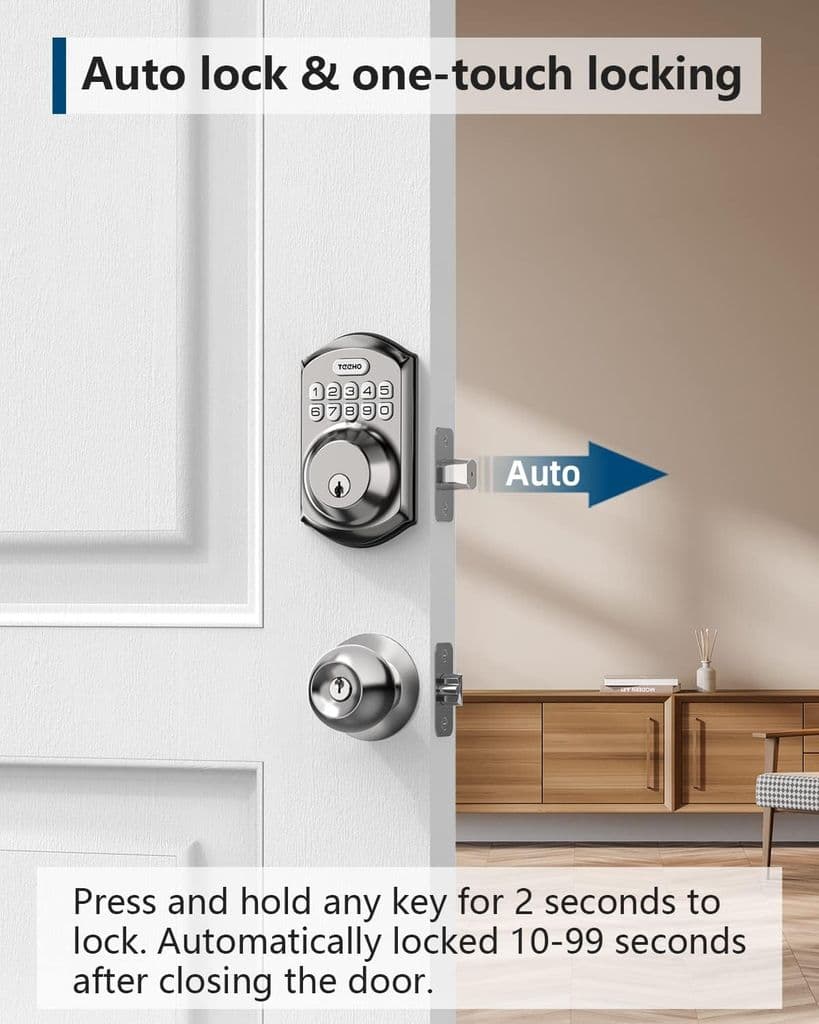 TEEHO TE001 Keyless Entry Door Lock with Keypad – Satin Nickel, Auto Lock, 2 Keys - Thumbnail 3