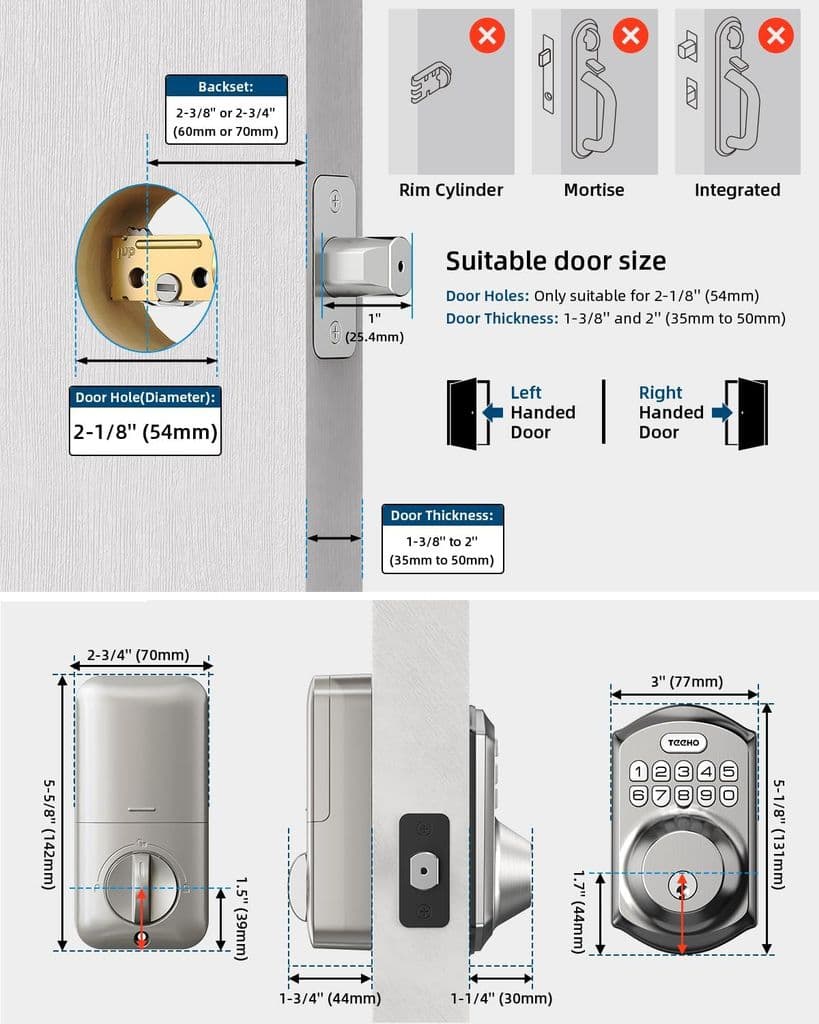 TEEHO TE001 Keyless Entry Door Lock with Keypad – Satin Nickel, Auto Lock, 2 Keys - Thumbnail 5