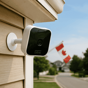 A Blink outdoor camera mounted on a Canadian home, watching over a quiet neighborhood