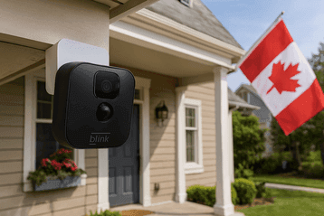 Blink camera mounted on a Canadian home’s front porch to prevent break-ins