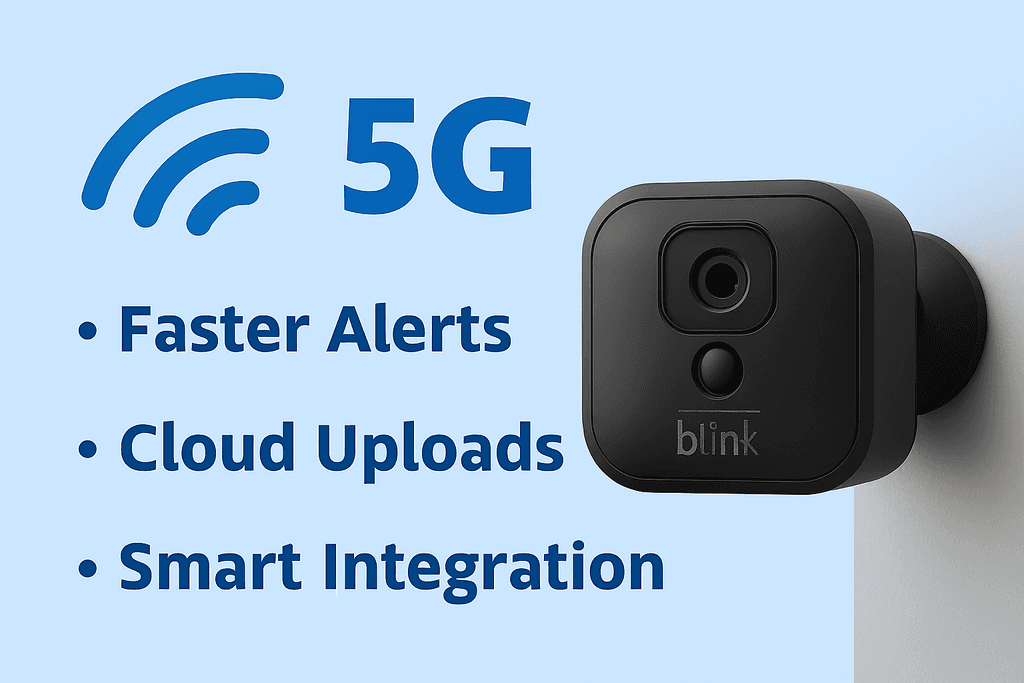 Illustration of Blink outdoor camera with 5G signal waves in a smart home setting