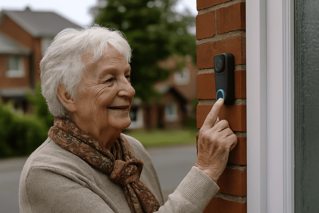 Senior woman using Blink video doorbell for safe aging in place in Canada