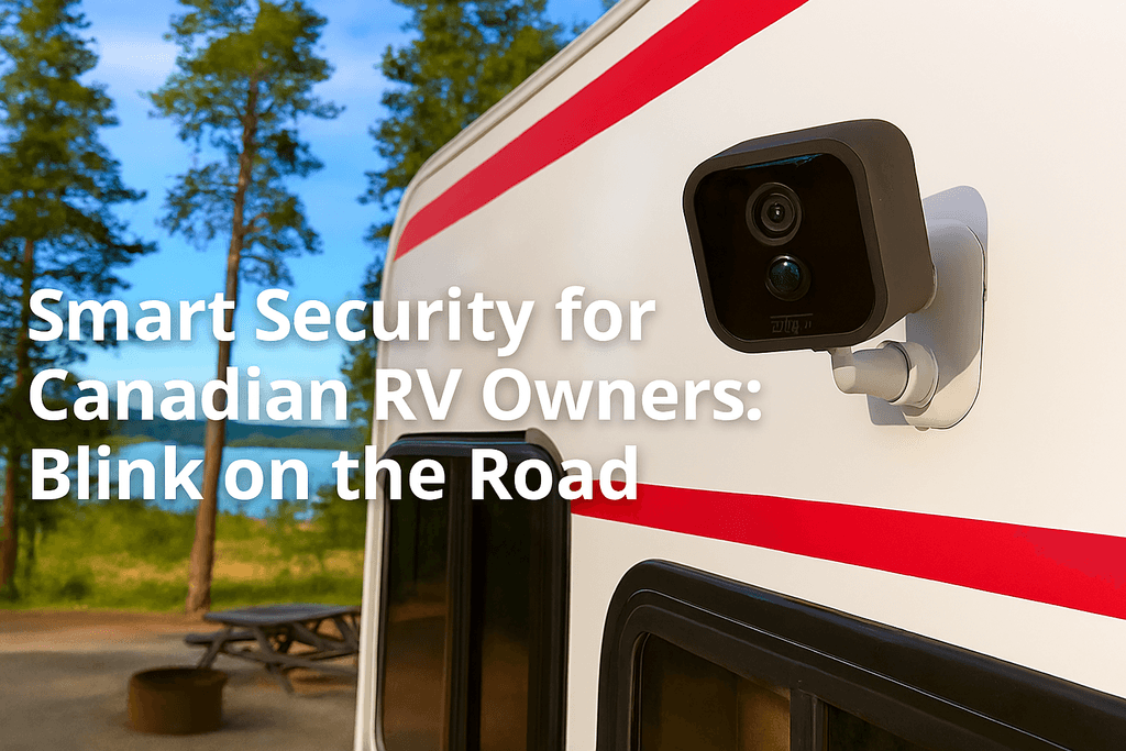 Blink Outdoor camera mounted on a Canadian RV at a scenic campground
