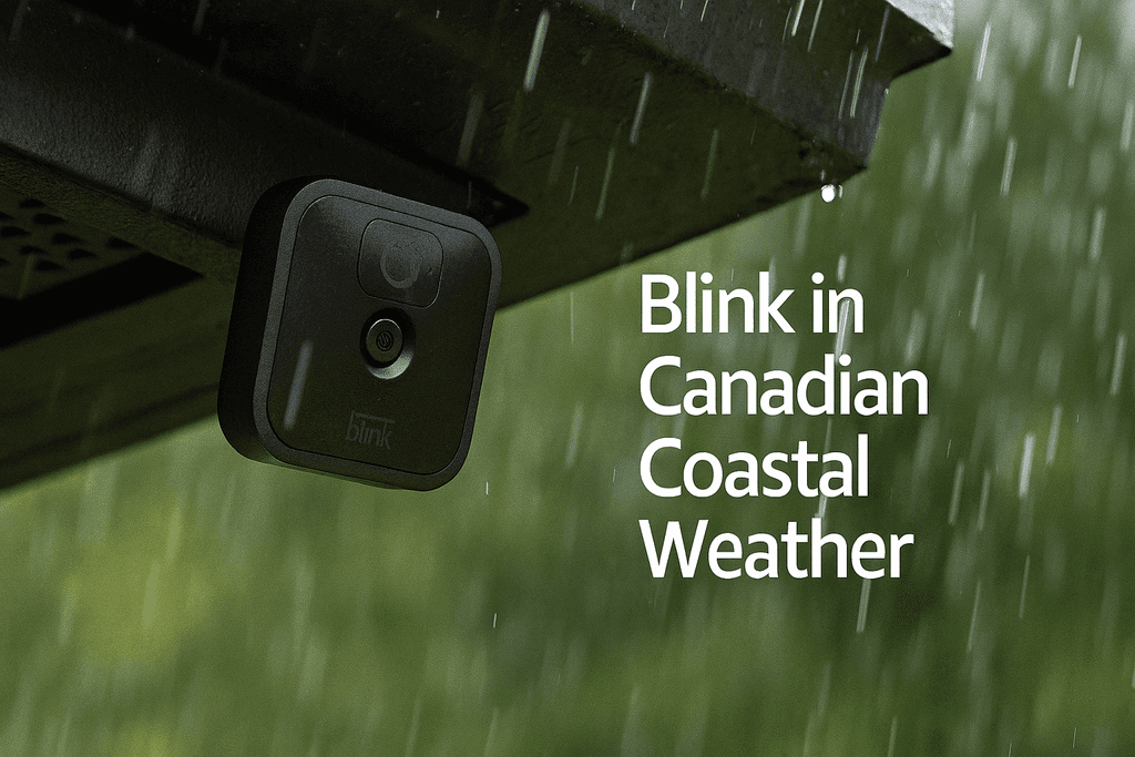 Blink Outdoor Camera mounted under eaves in rainy coastal Canadian setting