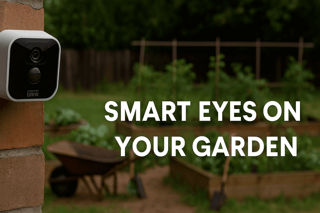Blink Outdoor Camera monitoring a Canadian backyard garden with tools and plants