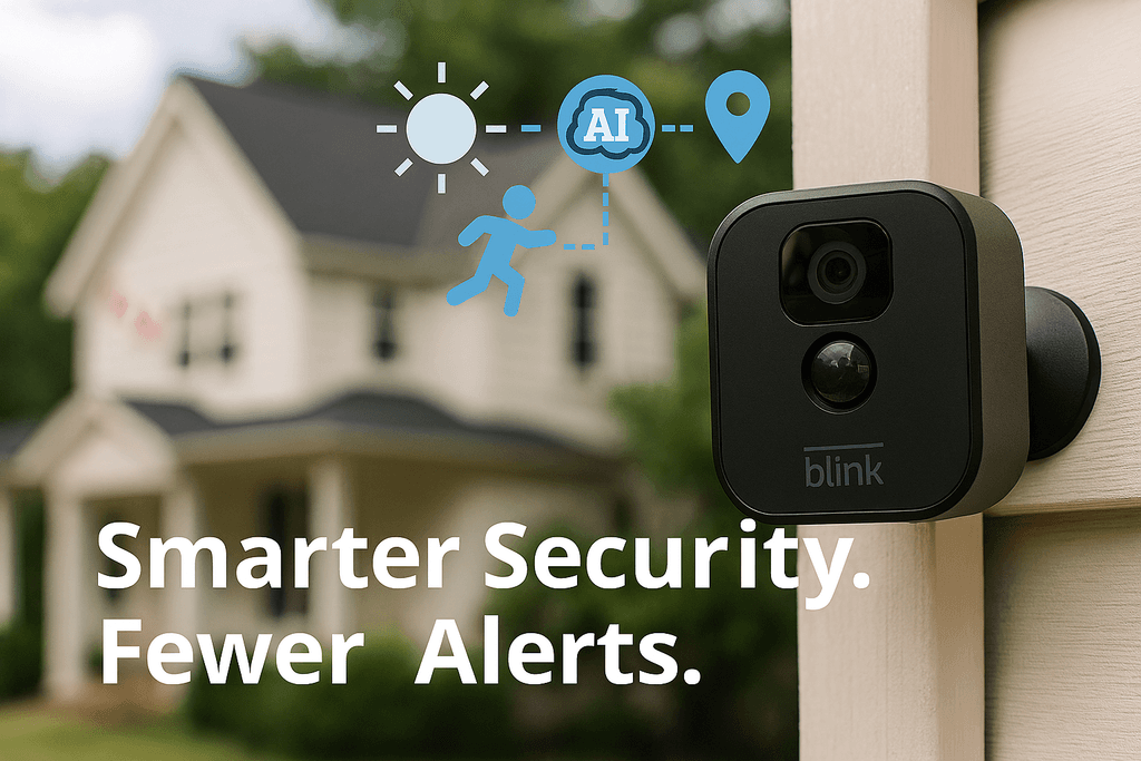 Illustration of Blink smart camera with AI icons and a Canadian home in the background