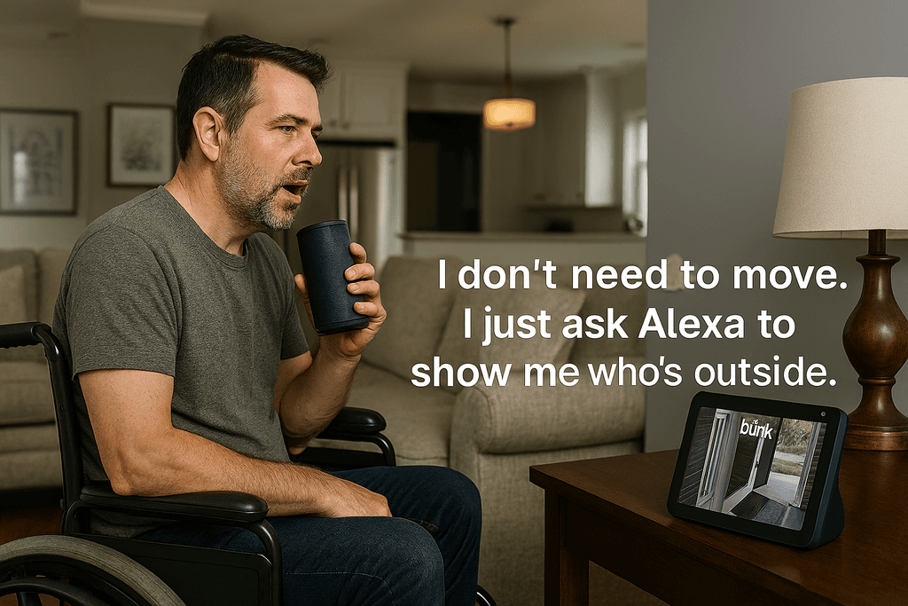 Person using Blink camera with voice assistant in a Canadian home