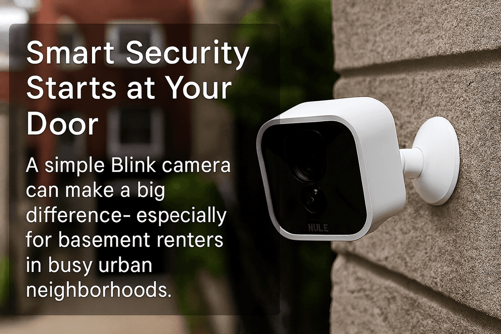 Blink security camera installed at basement apartment entrance in urban Canada