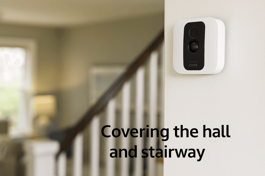 Blink camera mounted in a split-level home hallway with stair access