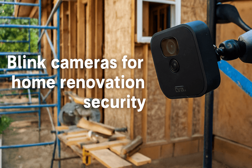 Blink Outdoor camera monitoring a Canadian home renovation site with tools and scaffolding visible