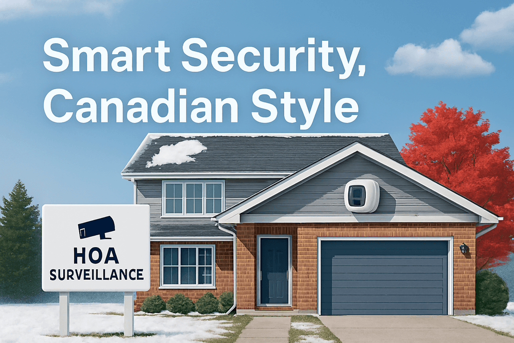Illustration of a Canadian suburban home with Blink camera and HOA surveillance signs