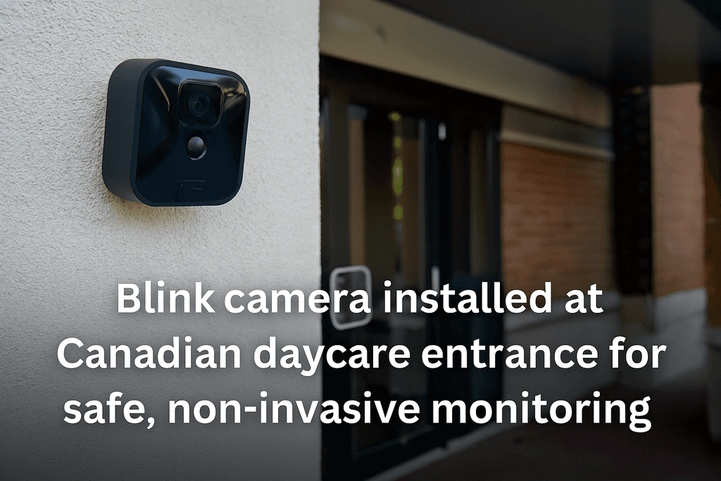 Blink camera installed at Canadian daycare entrance for safe, non-invasive monitoring