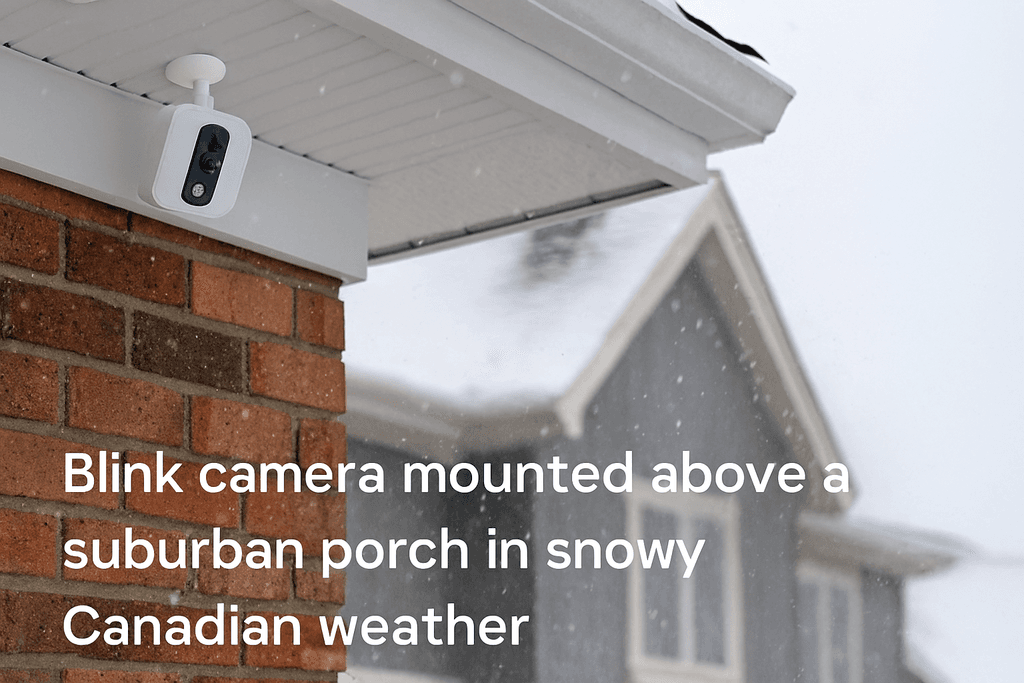 Blink camera mounted above a suburban porch in snowy Canadian weather