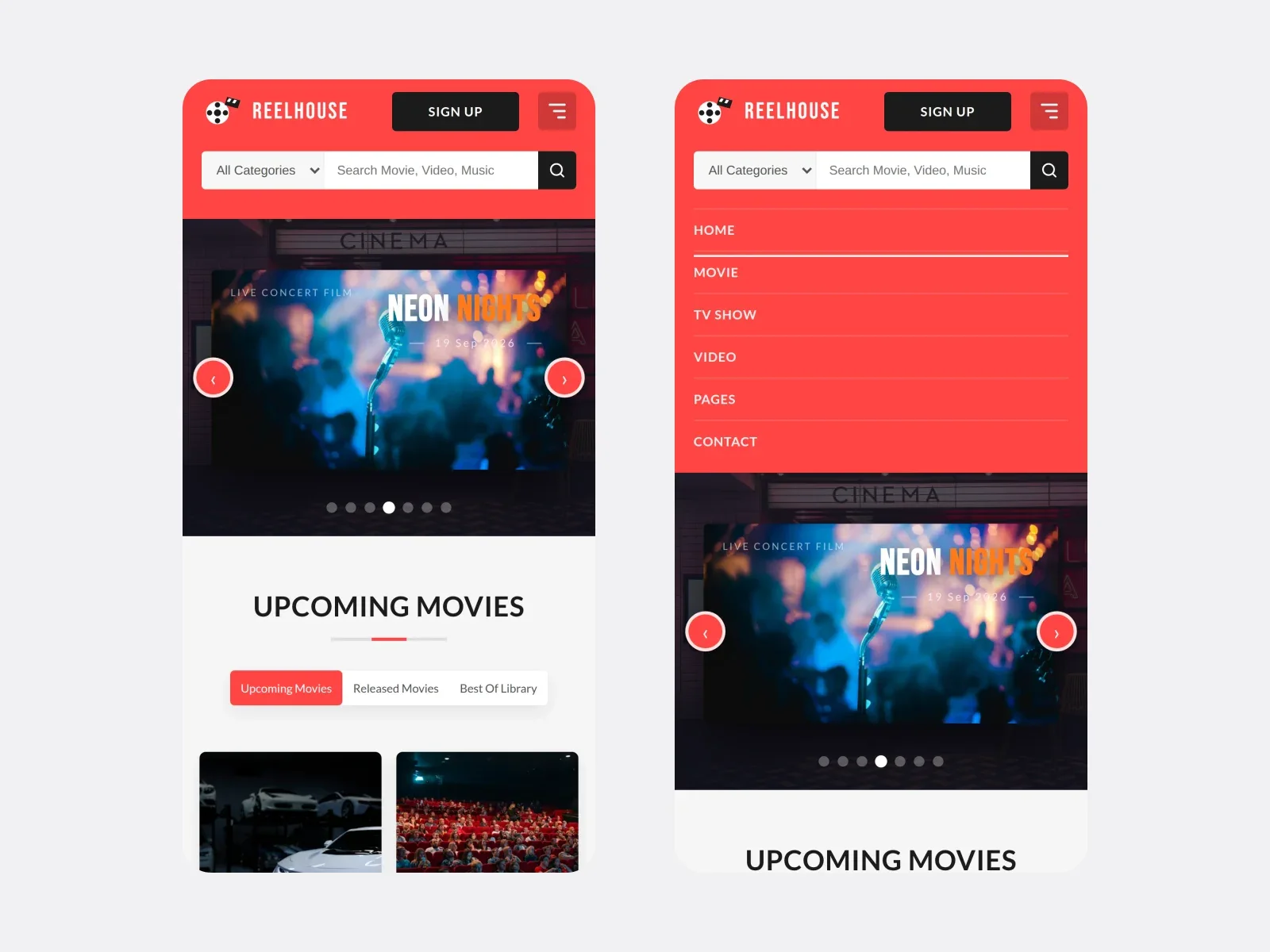 Reelhouse mobile layout and open navigation menu at 390px
