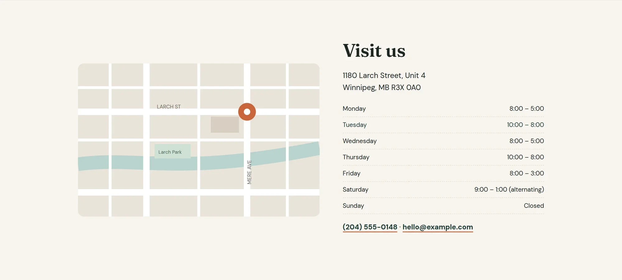 Map, address and weekly hours with today highlighted