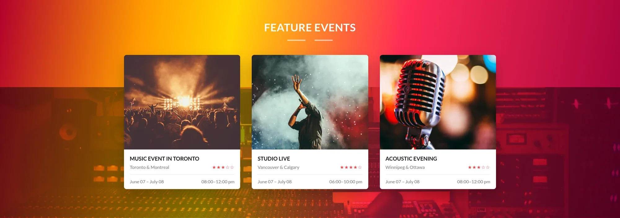 Feature events cards on gradient background