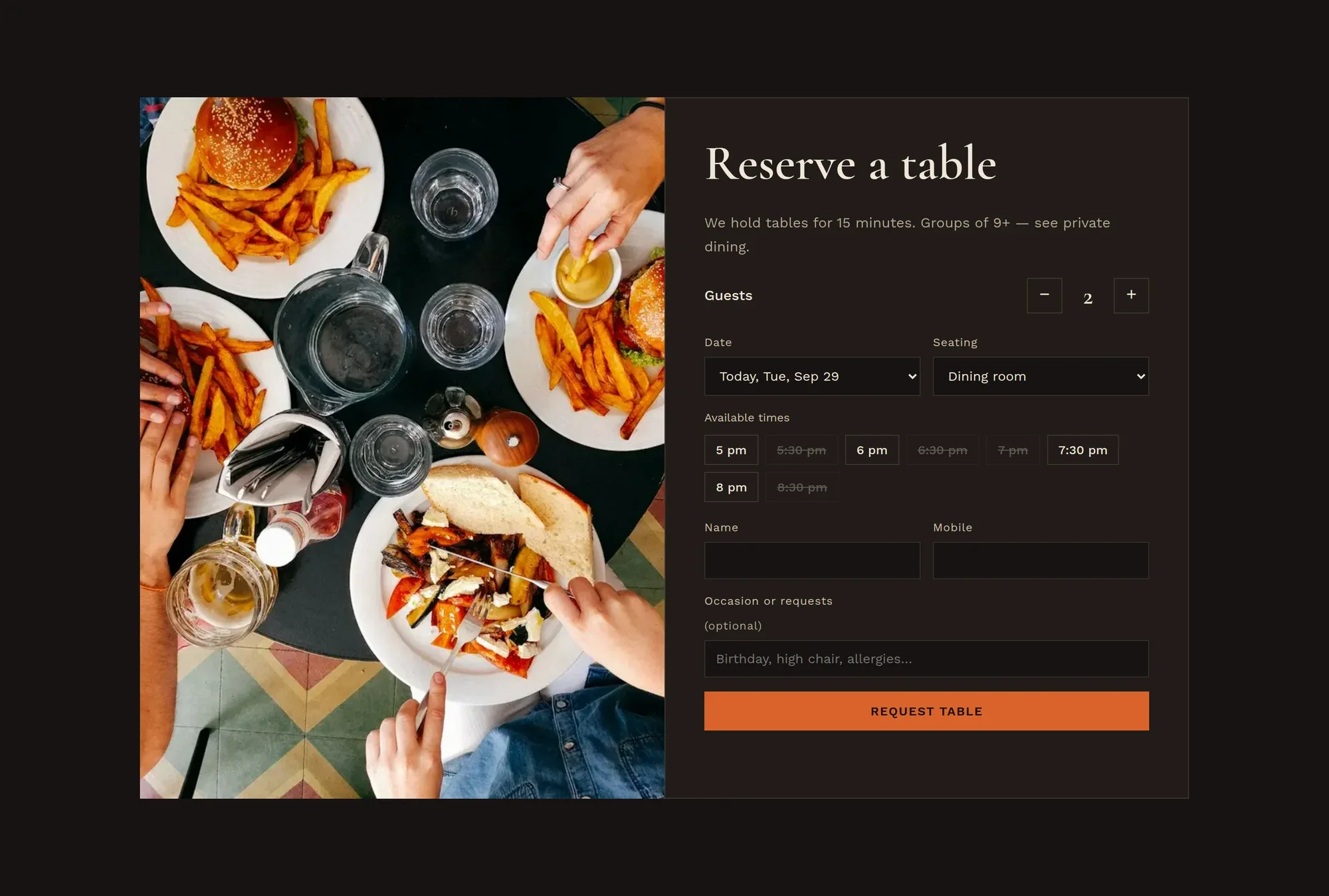 Table reservation with party size, date, seating and available times
