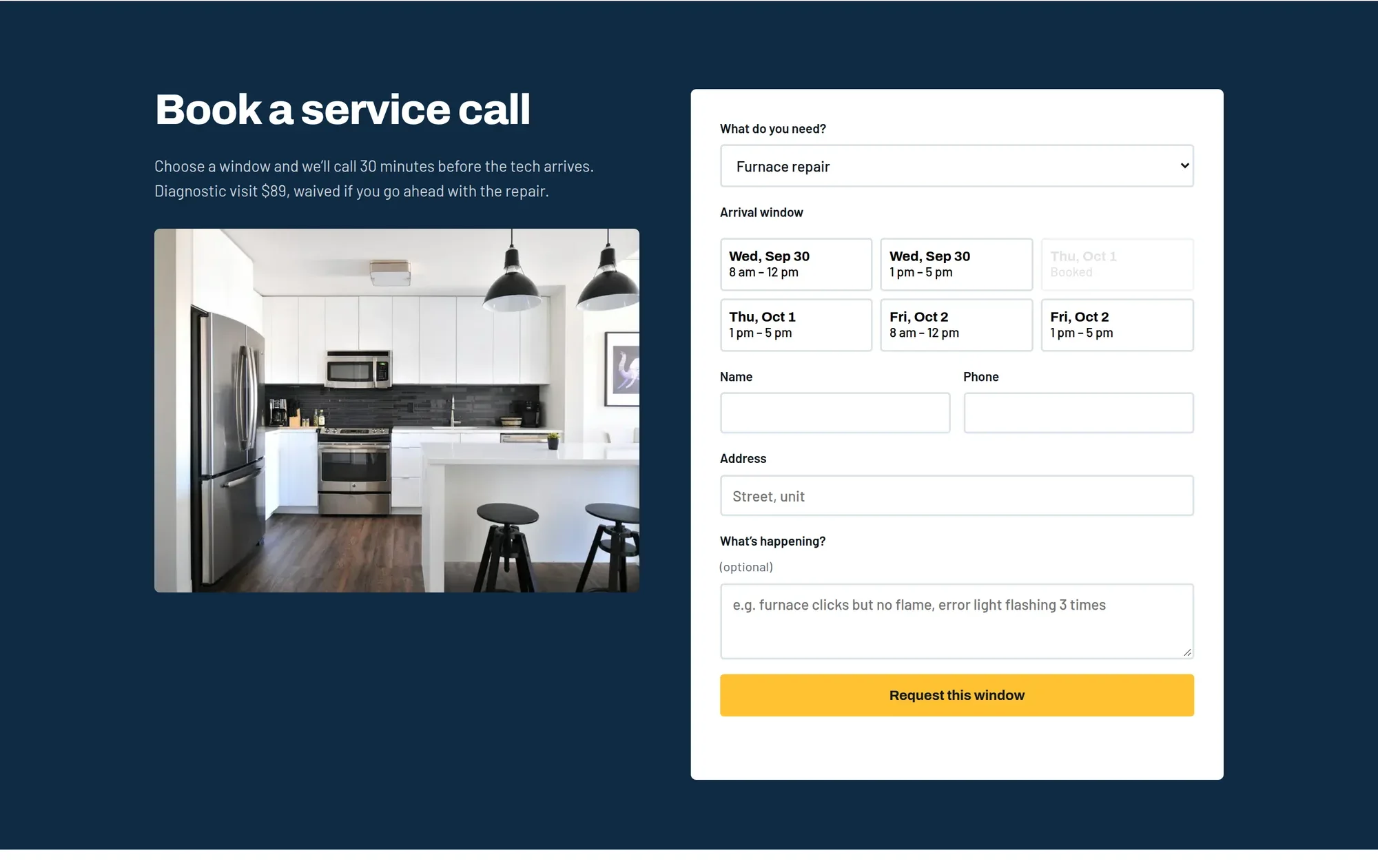 Service booking form with arrival windows