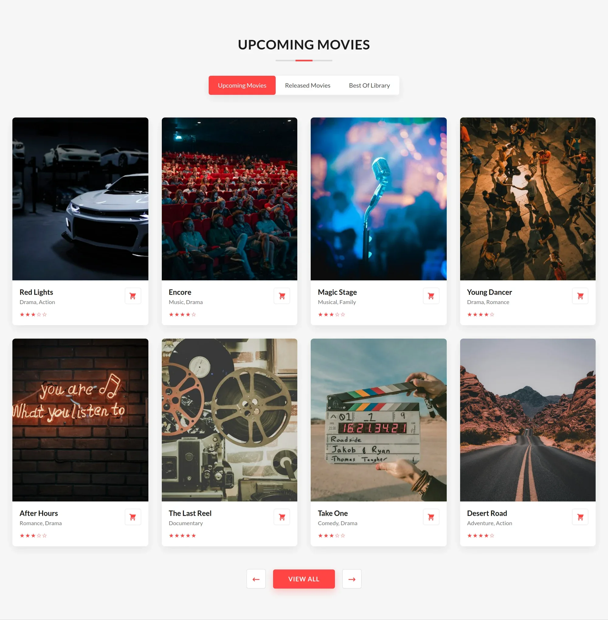 Upcoming movies section with tabbed catalogue and booking cards