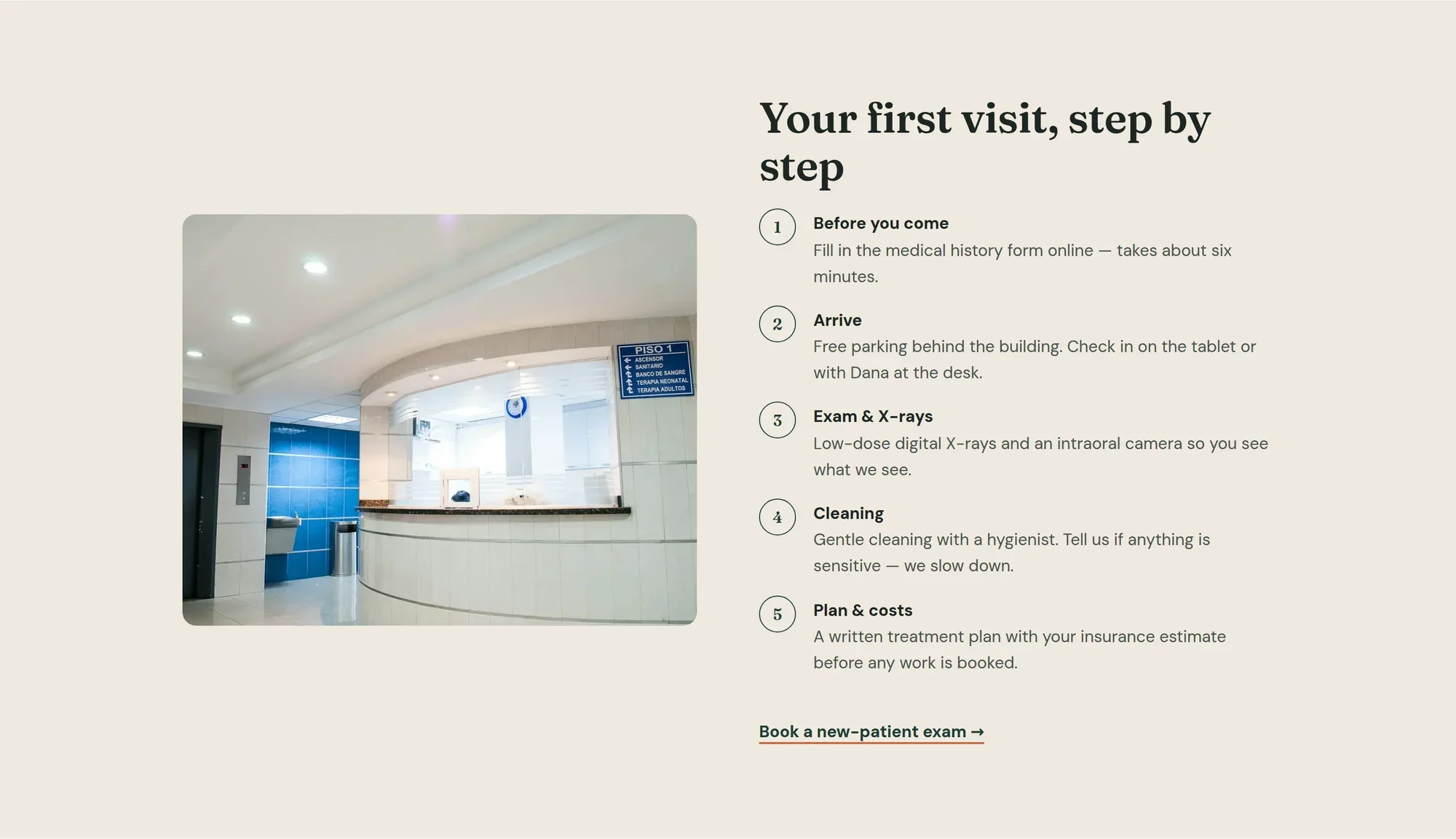 First-visit steps next to a photo of the front desk