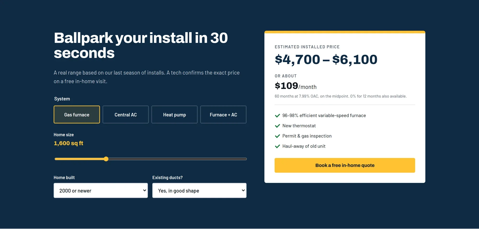 Install estimate calculator with price range and monthly financing