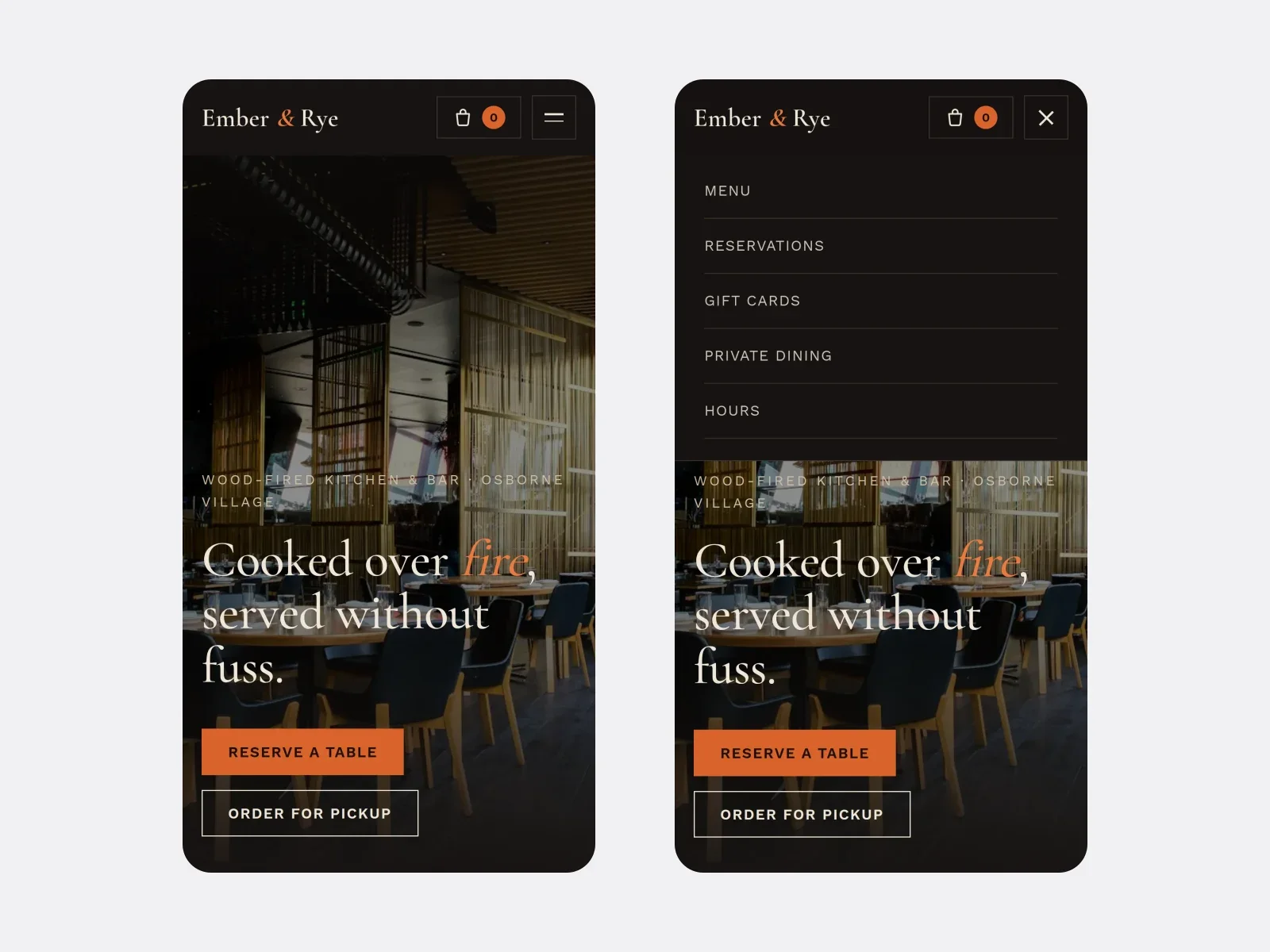Ember &amp; Rye on a 390px phone with the navigation open