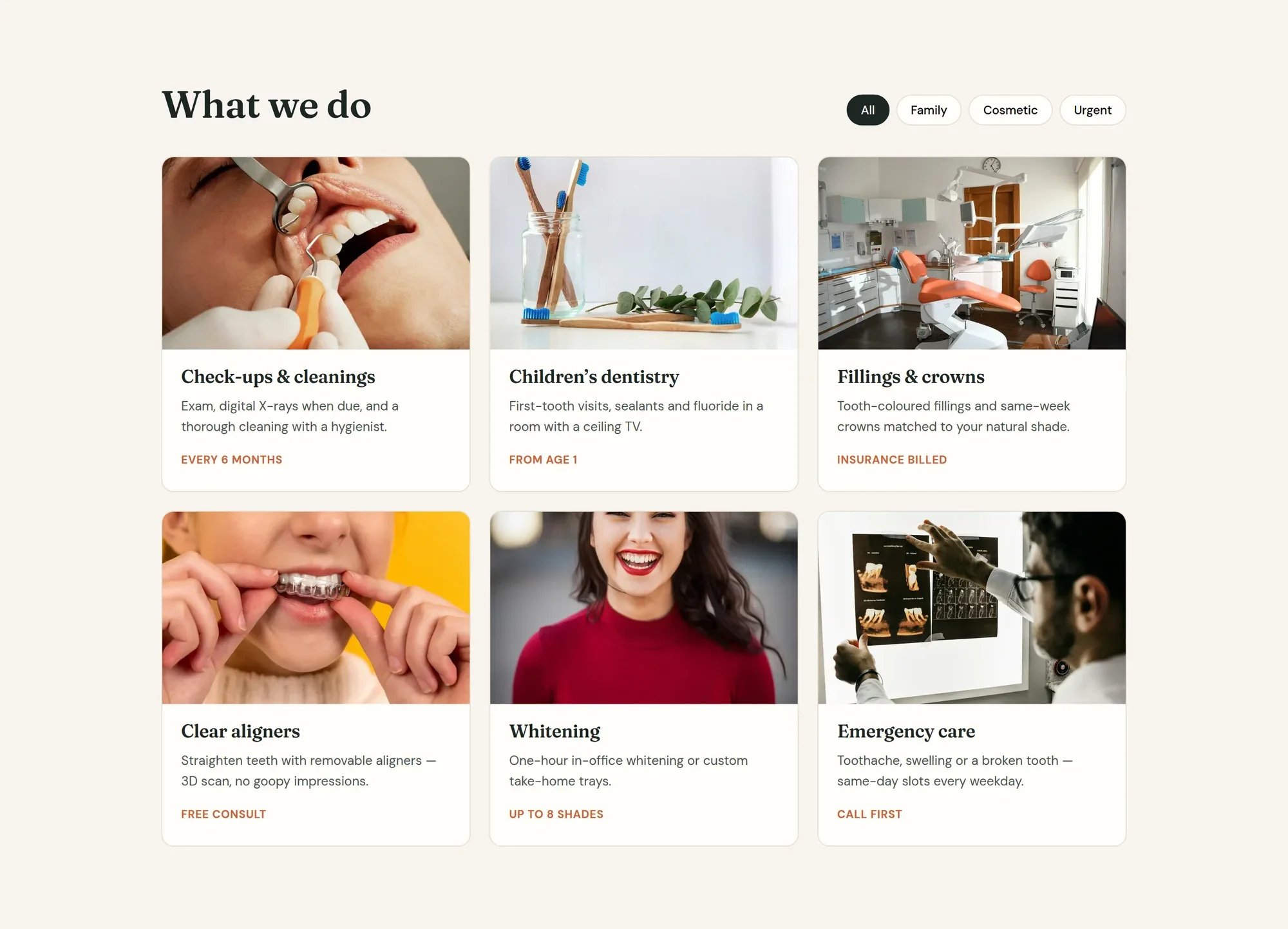 Filterable services grid with photos and short notes