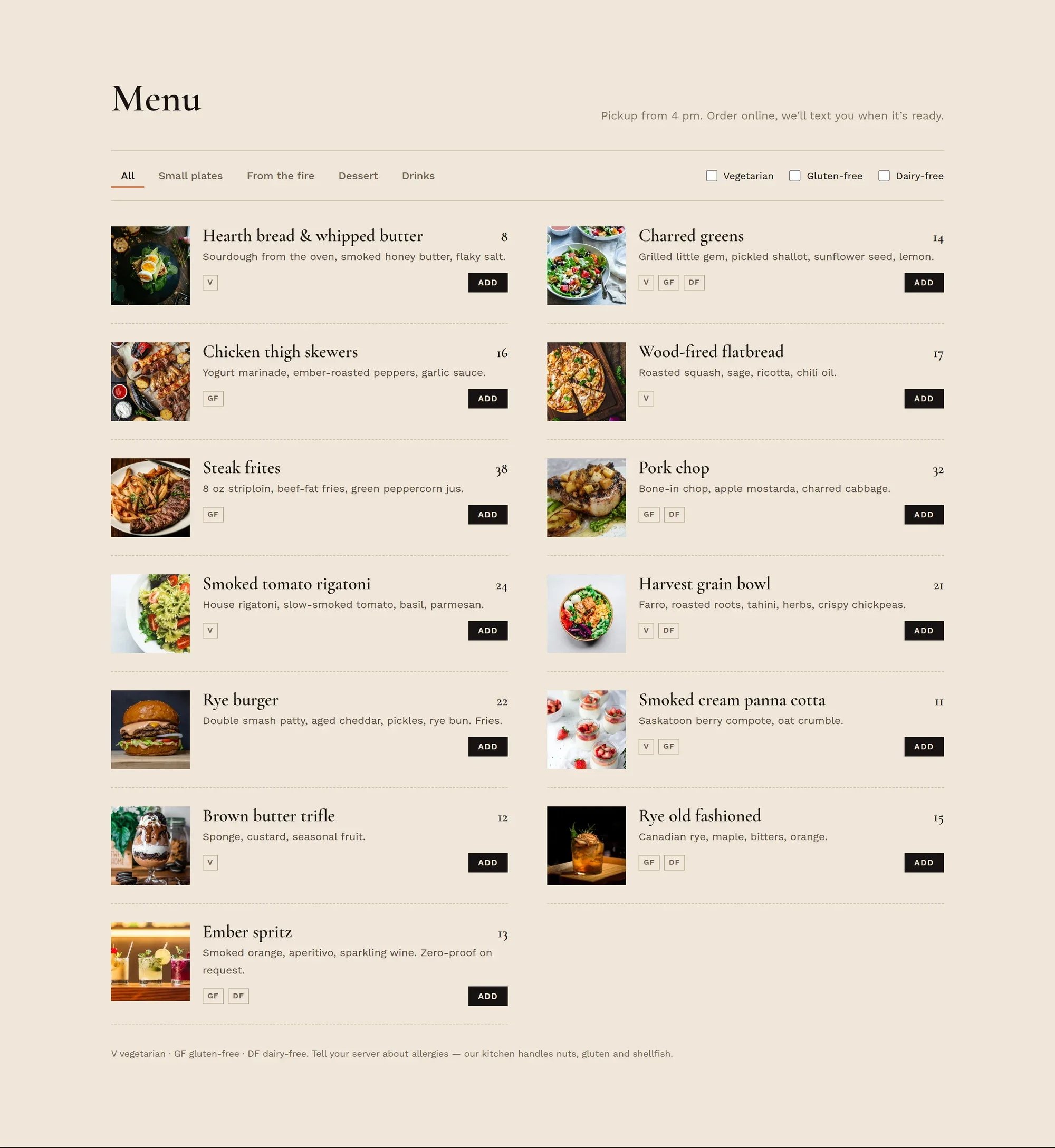 Menu with category tabs, dietary filters and add-to-order buttons