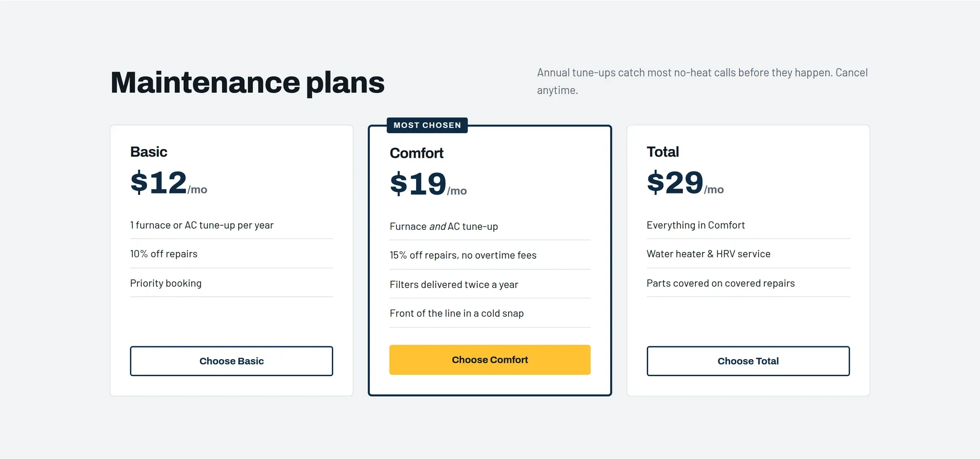 Three maintenance plan tiers