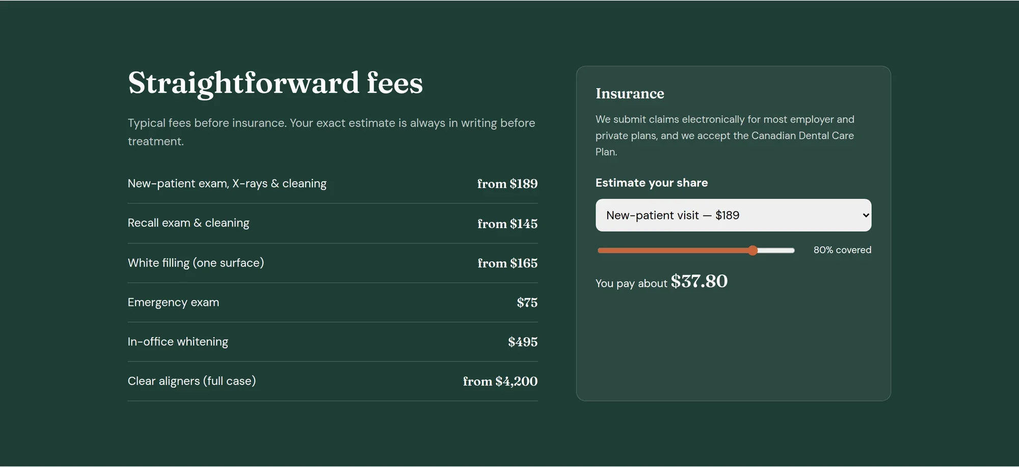 Fee table and insurance share estimator