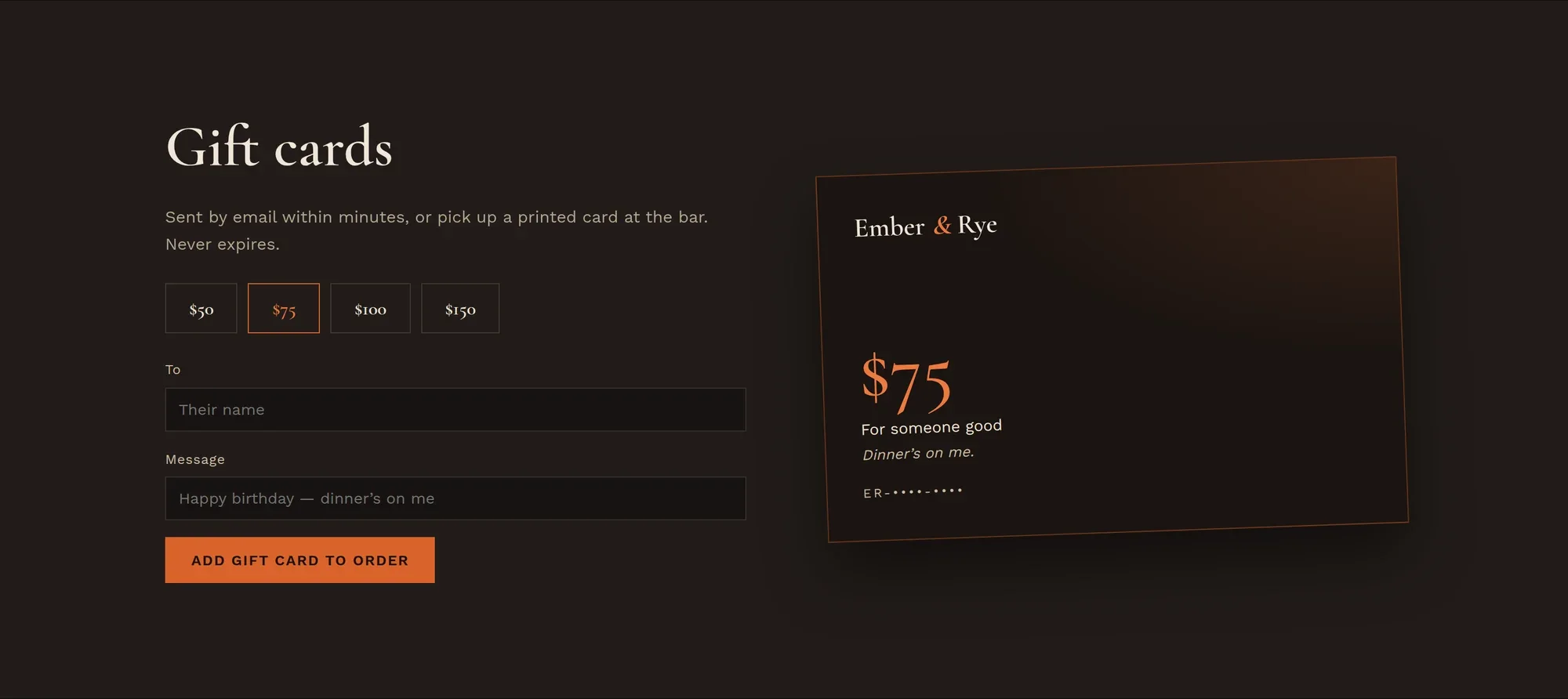 Gift card builder with live card preview