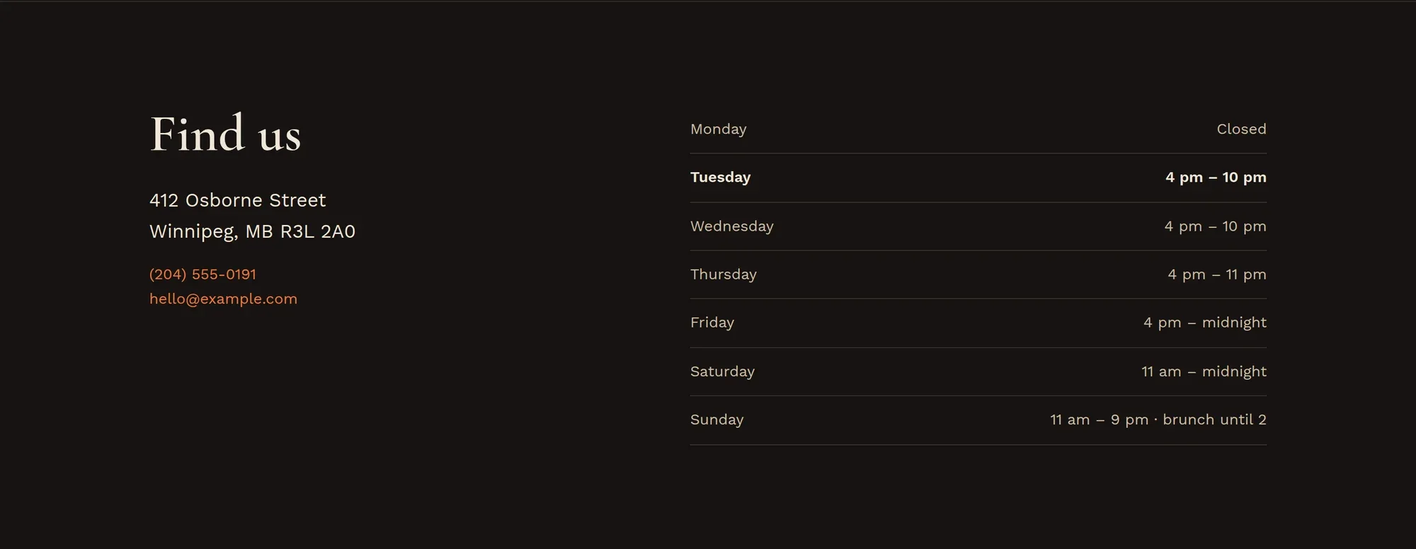 Address and weekly hours with today highlighted