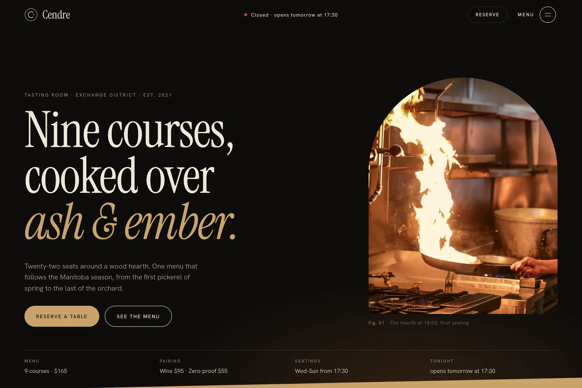 Cendre tasting-room home page with a serif headline and an arched hearth photo