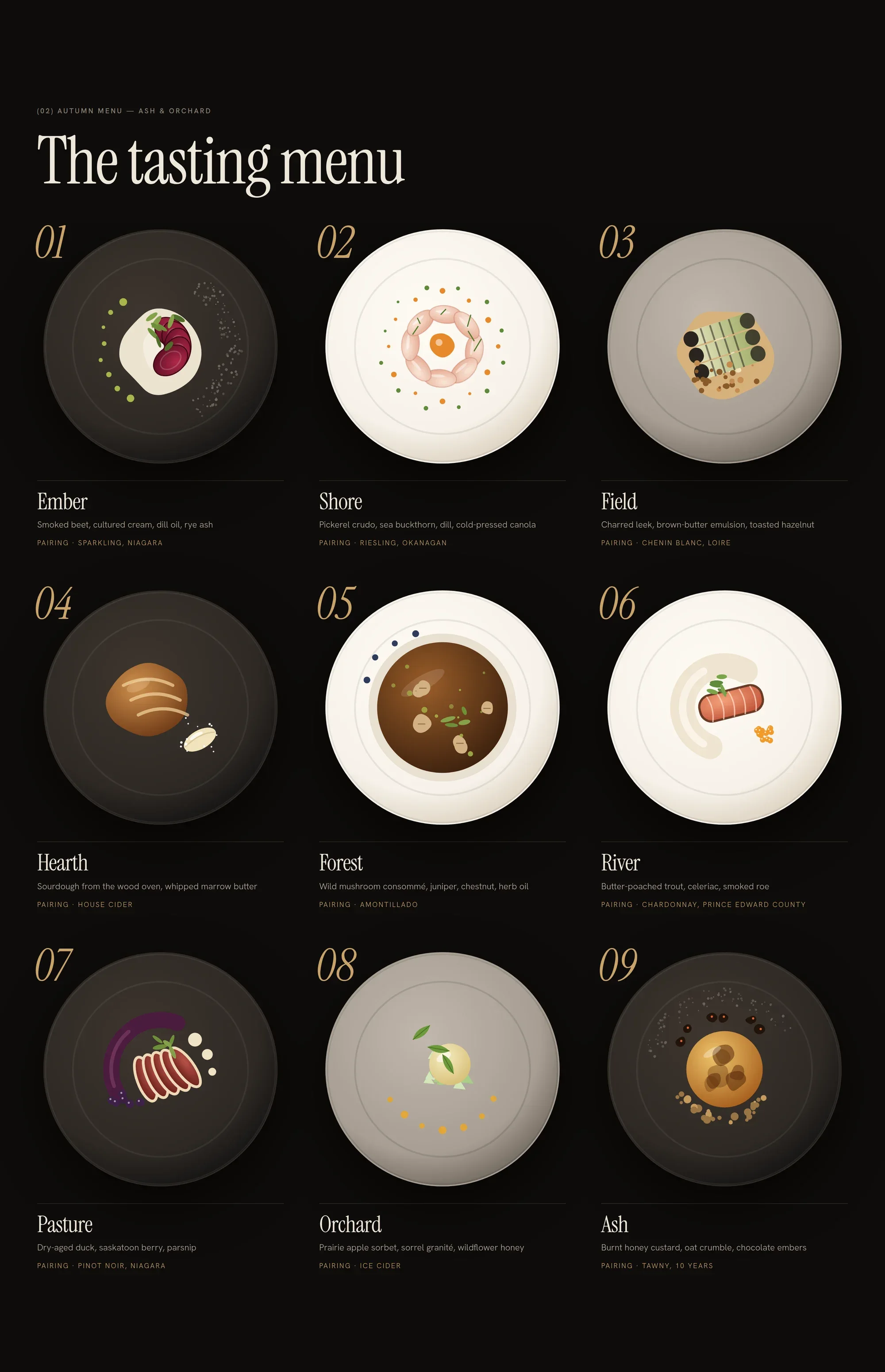 Nine-course tasting menu with a generated plate illustration for every course