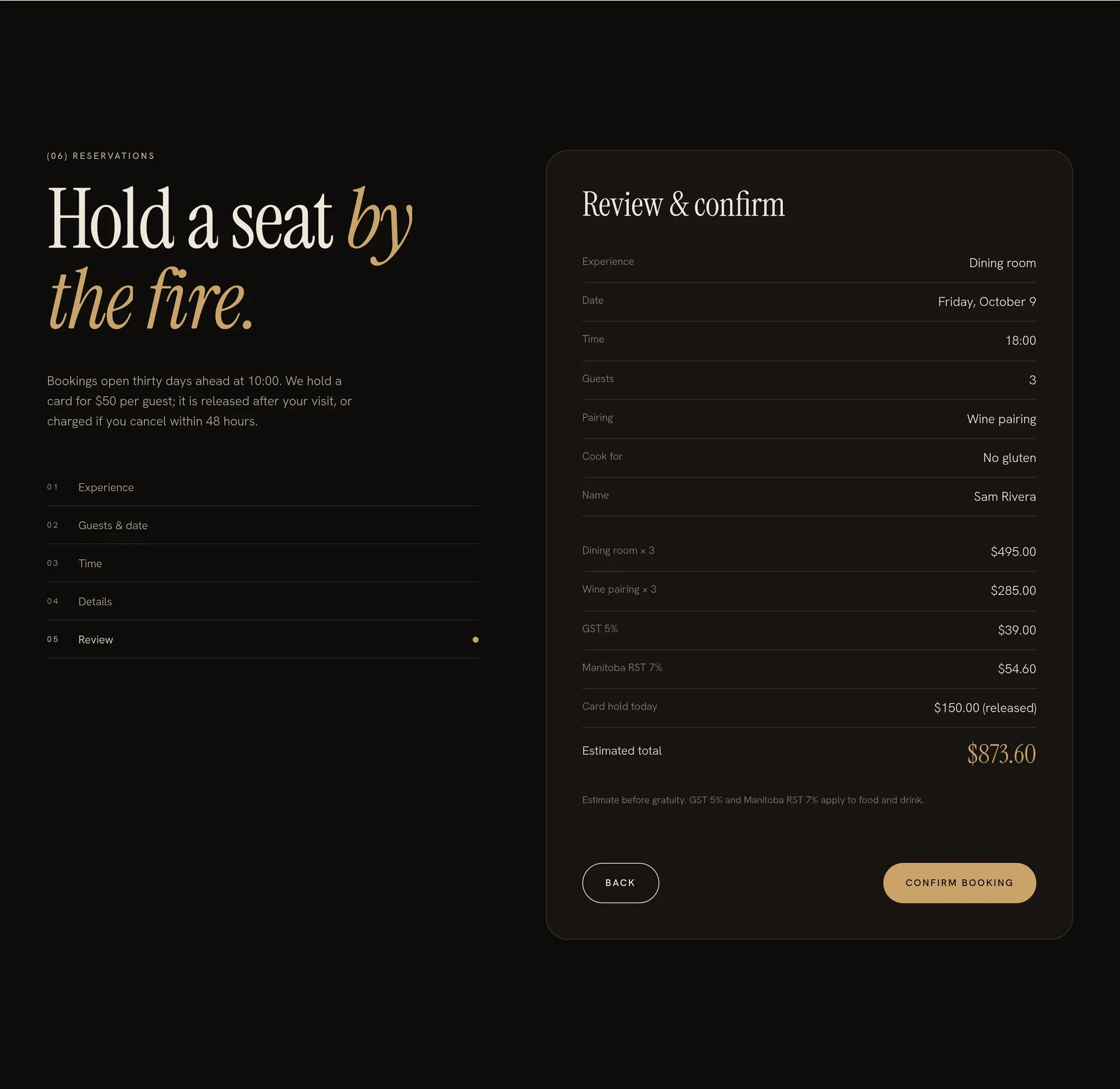 Reservation review step with guests, pairing, dietary needs, taxes and total