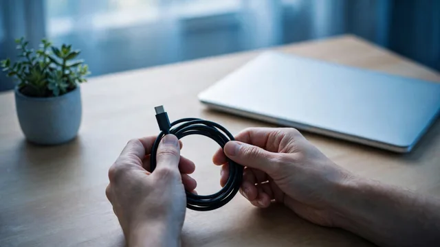 Hands neatly coiling a laptop charging cable on a tidy desk beside a closed laptop, soft blue office light