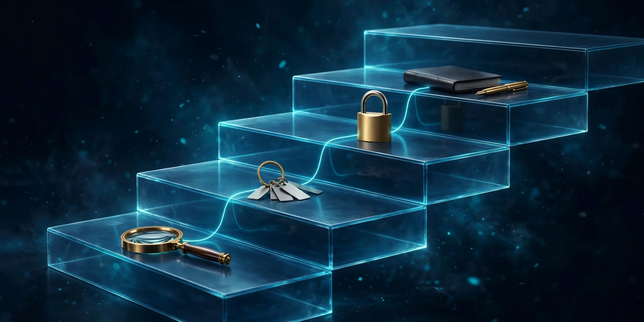 Four ascending translucent blue glass steps holding a brass magnifying glass, a key ring with blank metal tags, a brass padlock, and a closed journal with a blank cover beside a brass fountain pen, dark navy background.