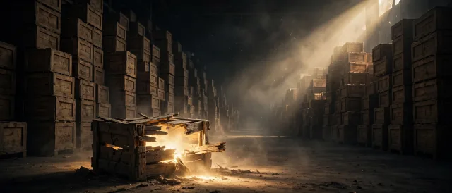 A vast dim warehouse stacked high with identical wooden crates receding into shadow, one crate in the foreground cracked open with bright light leaking out. A vast dim warehouse stacked high with identical wooden crates receding into shadow, one crate in the foreground cracked open with bright light leaking out.