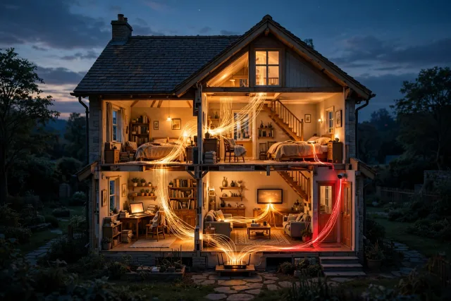 A dollhouse-style cross-section of a house at dusk, warm light in every room, glowing golden data streams flowing from one small router into every device, with exactly one stream pulsing red toward the security camera. A dollhouse-style cross-section of a house at dusk, warm light in every room, glowing golden data streams flowing from one small router into every device, with exactly one stream pulsing red toward the security camera.